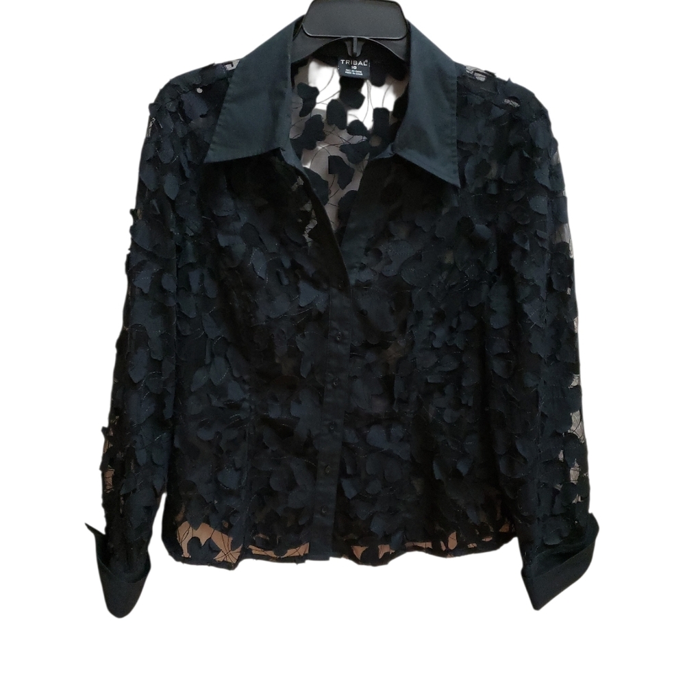 Tribal Black Floral Textured Button Down Shirt Womens Size 10 Sheer  Long Sleeve